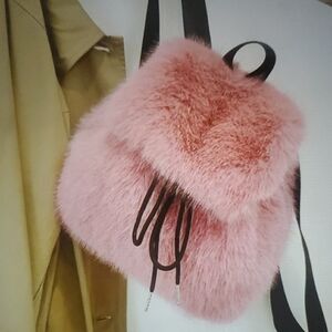 Pink Faux Fox Fur Fluffy Furry Drawstring Backpack